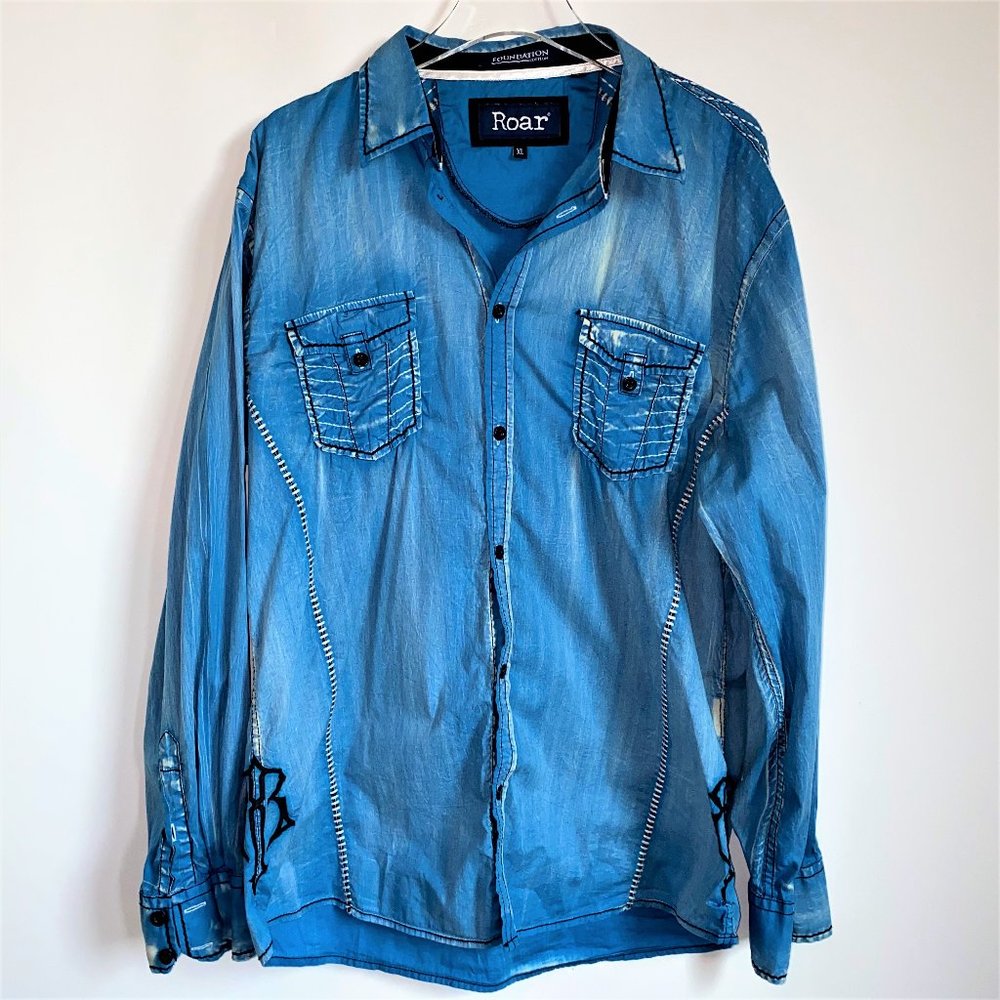 Roar Men's Blue Denim-Effect Button-Up Shirt